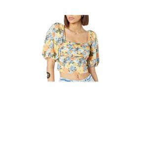 New Abercrombie Fitch Women's XL Square Neck Floral Ruched Puff Sleeve Crop Top